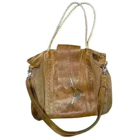 Free People Isle Distressed Tote Bag Tan Cowhide Hobo Metal Dangles suede Rare - Picture 1 of 16